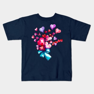 Pink and red falling Valentines hearts with blue ribbon, watercolor hearts Kids T-Shirt